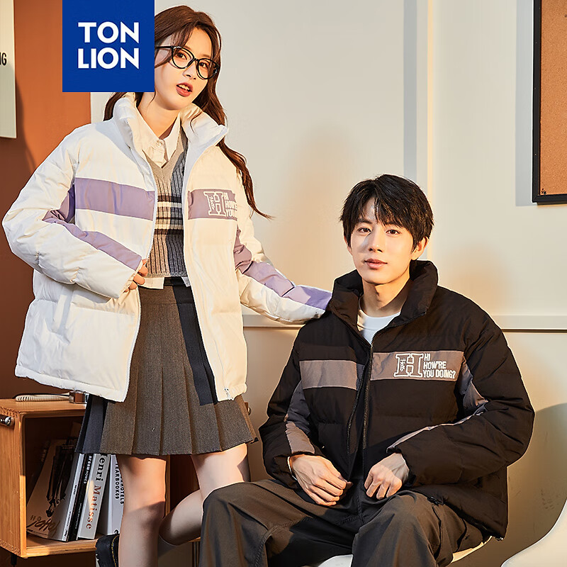 唐獅冬季新款情侶裝羽絨服男女加厚立領(lǐng)面包服保暖拼接撞色外套 女款本白 L