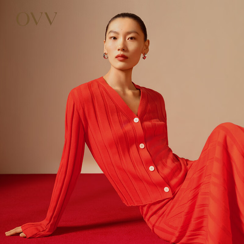 OVV【新年红系列】2024春夏新款女装V领喇叭袖黄金羊毛针织衫 大红（净色）16 M