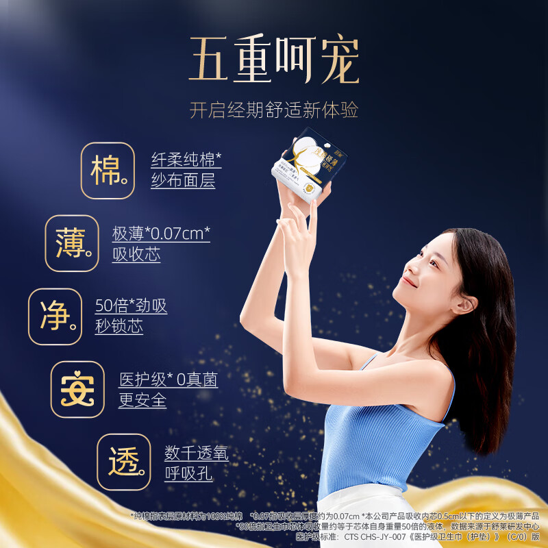 舒莱纯棉极薄卫生巾透气消毒级悬浮芯防侧漏夜用组合姨妈巾女整箱 医护级日夜4包46片
