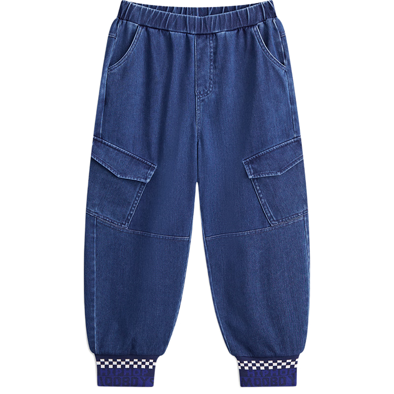 MQD童裝男大童超軟學院風針織牛仔褲春大口袋束腳長褲 中牛仔藍 130