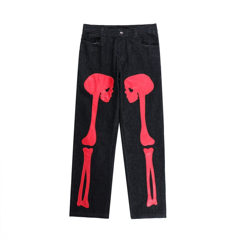 街潮牛仔裤男女同款网红宽松骷髅头印花休闲长裤 红色骷髅头 黑白 s