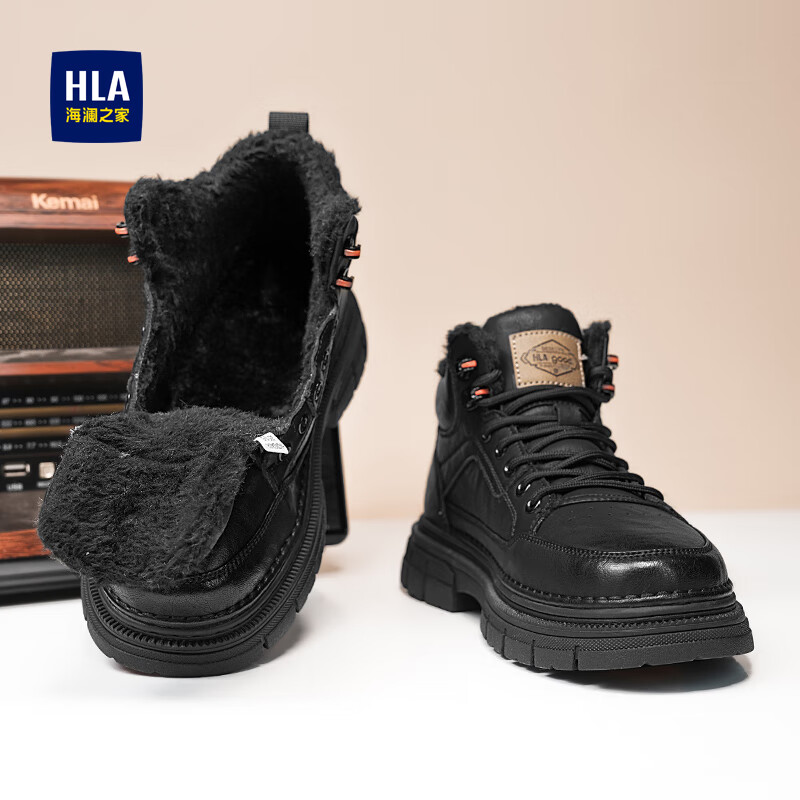 海澜之家马丁靴男鞋子男鞋秋冬2025新款男士马丁靴高帮棉鞋男增高休闲皮靴 黑色【加绒加厚棉鞋男436】 43