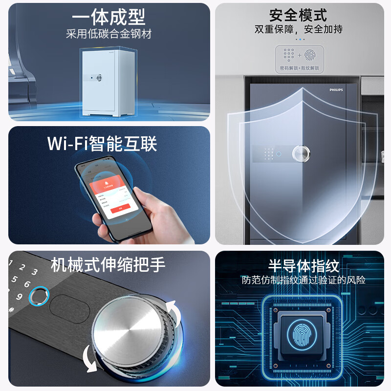 飞利浦保险柜201家用办公室入衣柜 新款智能WIFI智联APP推送 指纹密码双识别机械伸缩手柄防搬走保险箱 晨曦白 WiFi智联【高62.1厘米 重59公斤】