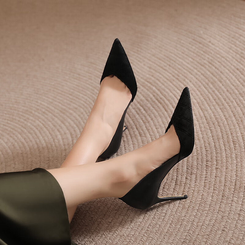 可欣百丽超高跟单鞋女浅口细跟牛皮马毛高跟鞋时装女鞋性感通勤宴会婚