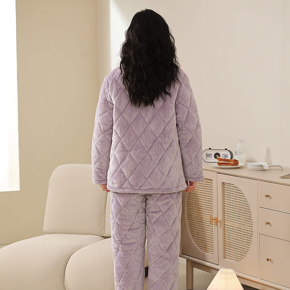 香蜜闺秀【三层夹棉加厚】暖冬可外穿长袖开衫女士家居服棉服保暖睡衣套装 丁香紫 L
