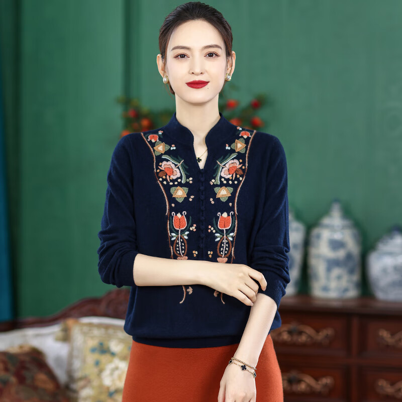 素丝五祁（SUSIWUQI）半开领民族风精绣山羊绒 气质百分百羊绒针织上衣 优雅 SY3853 藏青色 XL