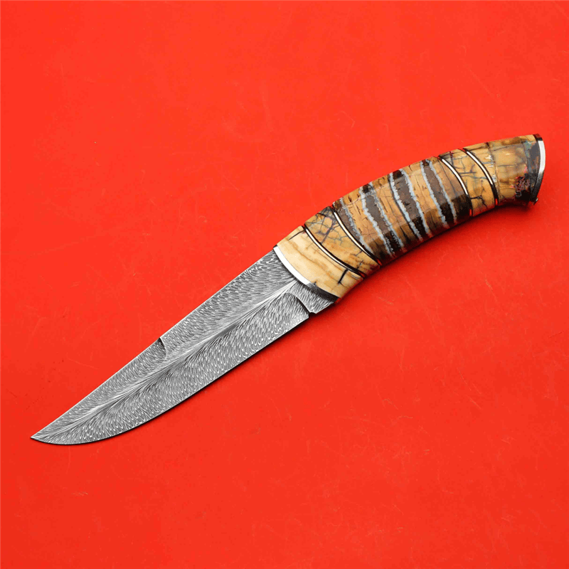 雨轩户外羽毛纹直刀大马士革钢刀北欧小刀高端收藏手工户外家用烤肉用