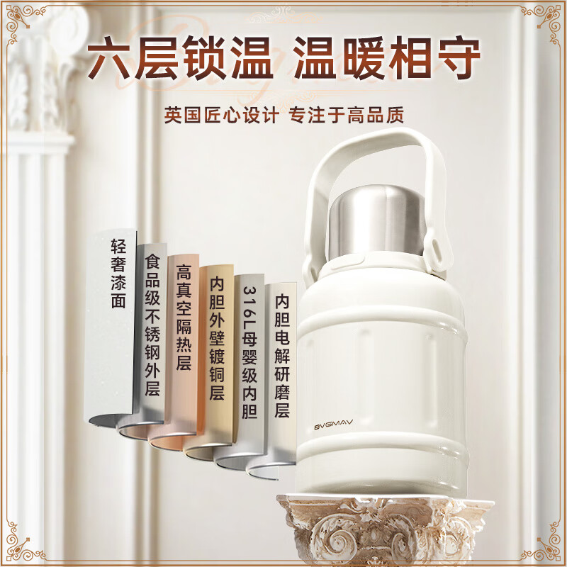 宝威玛(BVGMAV)保温杯大容量女款高颜值316L不锈钢户外随行便携双饮大肚水壶杯 雅士白1200ml【背带+一杯双饮】