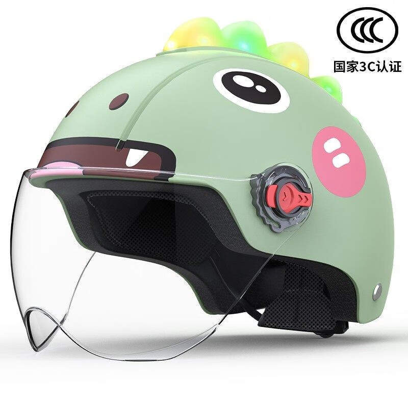凤凰(Phoenix)3C认证儿童电动车头盔男女孩安全帽冬四季通用宝宝防雨晒骑行半盔 小恐龙【顶部带灯】高清短镜