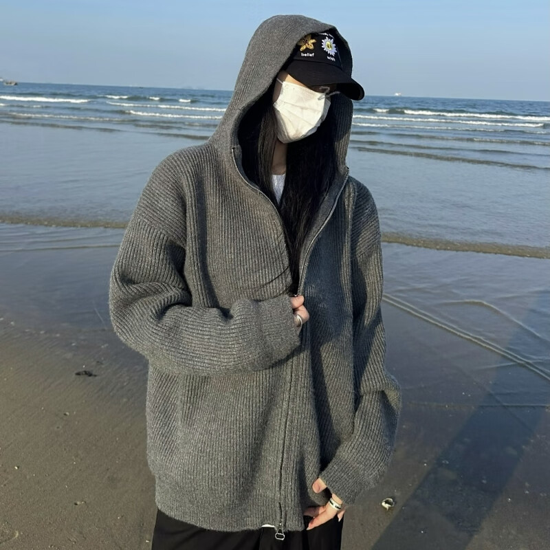 POUM毛衣男女开衫针织秋冬季宽松慵懒风连帽双拉链设计线衣保暖外套男 BNGYL-U80灰色 常规 L