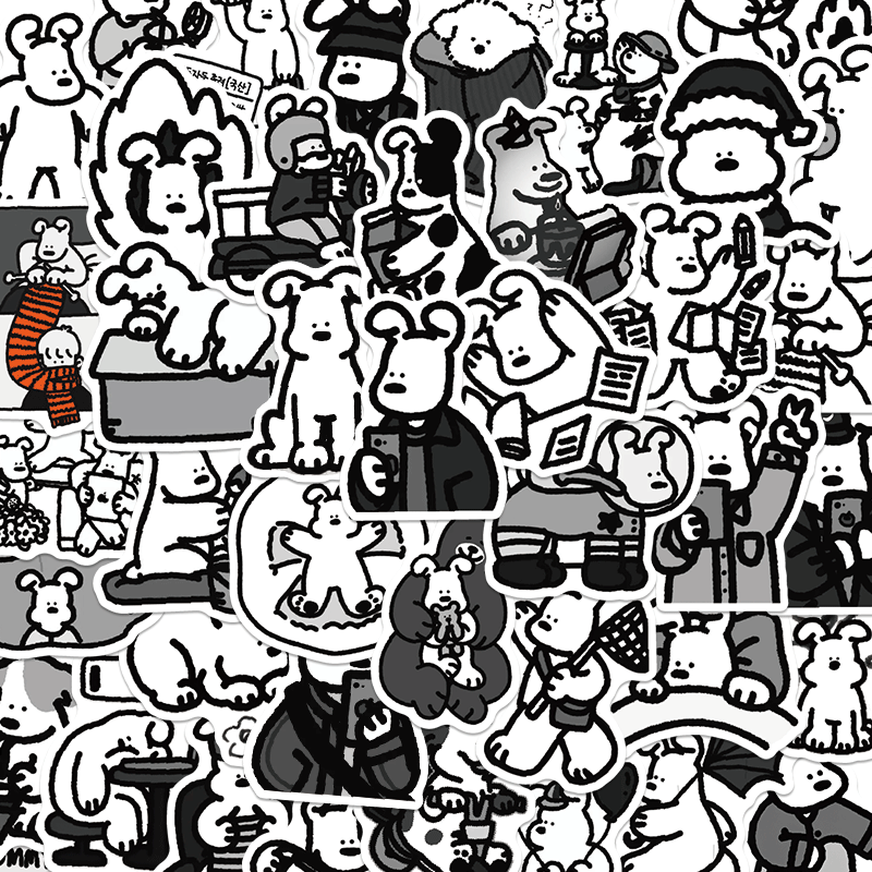 62张黑白ins小狗贴纸卡通韩系笔记型电脑ipad行李箱贴画防水手机 62张