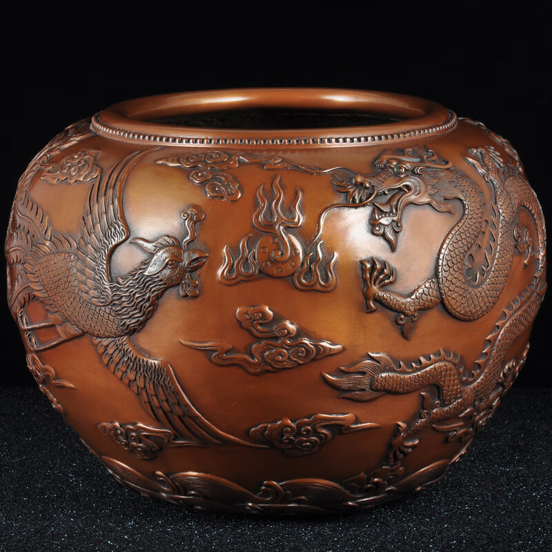 钰缘工坊紫铜龙凤缸摆件龙凤呈祥铜缸聚宝盆摆设家居客厅玄关装饰品