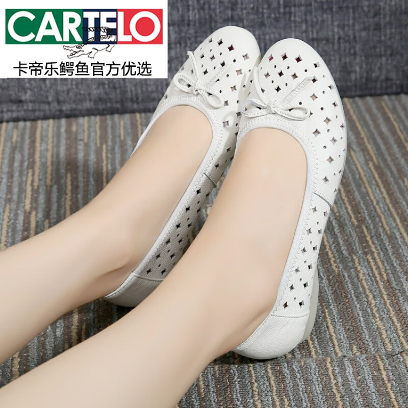 卡帝樂鱷魚（CARTELO）2025女夏護士鞋白色真皮女涼鞋洞洞鞋平底牛筋底鏤空媽媽女鞋女士 白色 36
