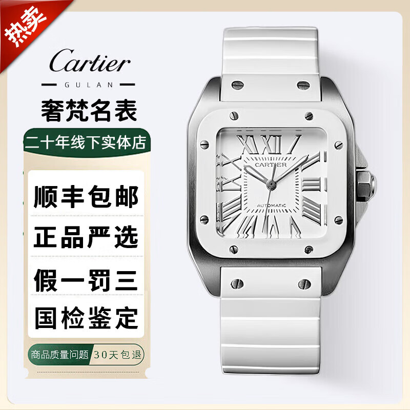 金/碳镀层表圈自动机械二手腕表 卡地亚山度士系列32mm白面w20129u2