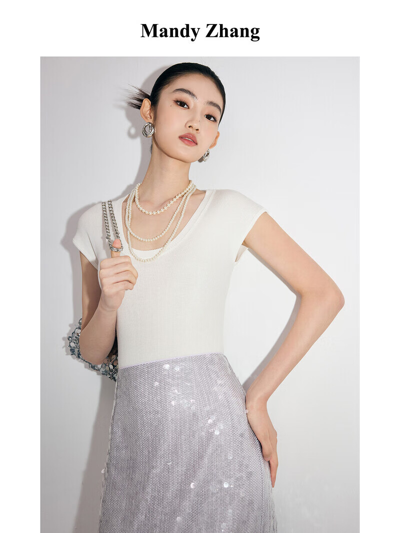 Mandy Zhang天絲棉法式氣質(zhì)修身短袖U領(lǐng)t恤女小飛袖針織短上衣 極光白 微透 S