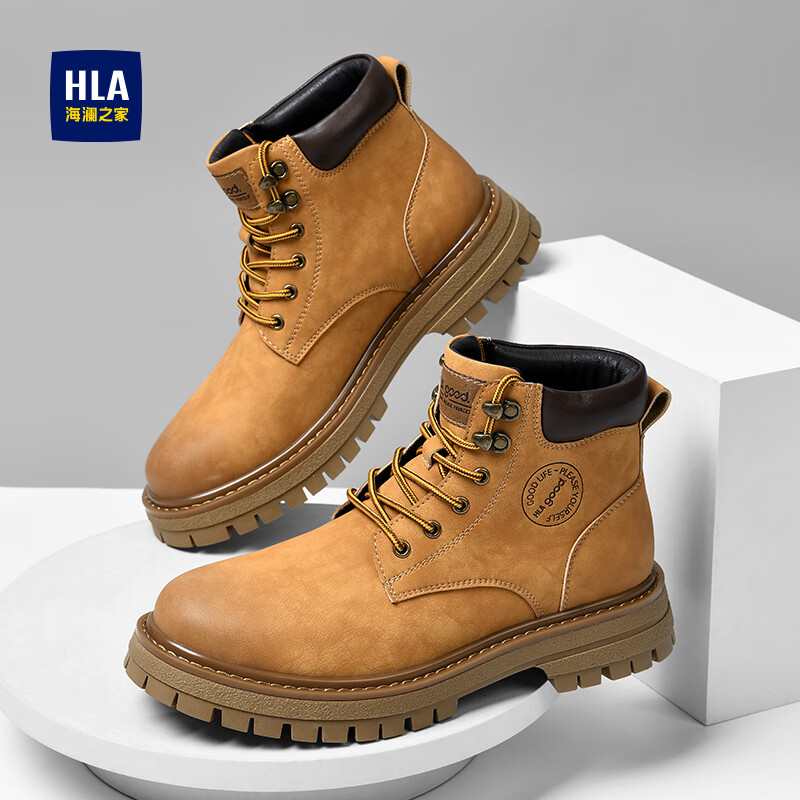 海澜之家马丁靴男潮流男鞋户外情侣款百搭防寒登山高帮工装大黄靴子男T121 土黄色-男款 39