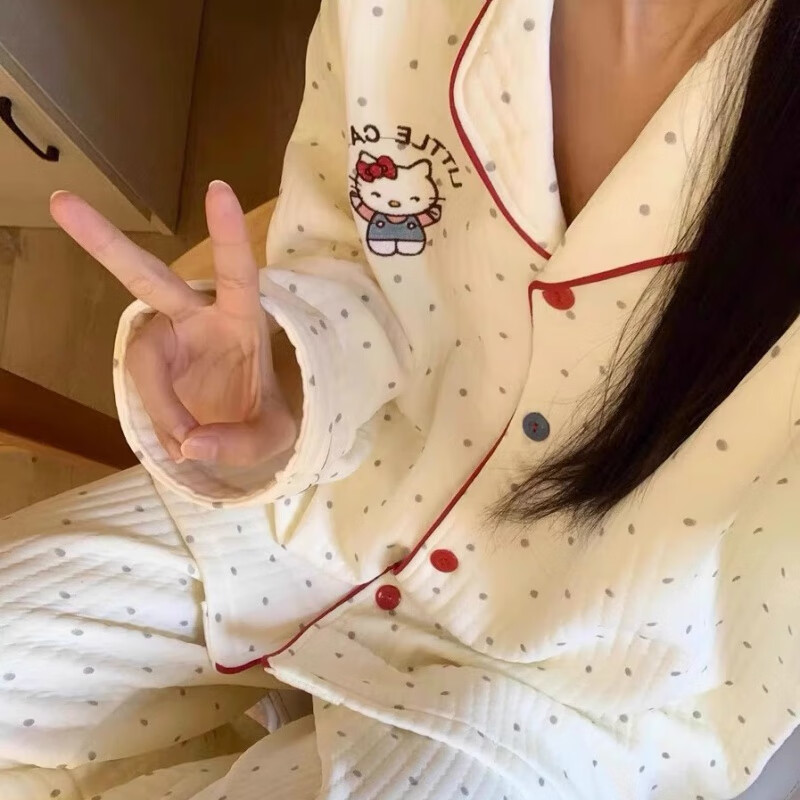 禾回helloKitty夹棉睡衣女冬季甜美卡通空气棉加厚学生休闲家居服套装 白色 波点kt猫 夹层款 M （80-100斤）