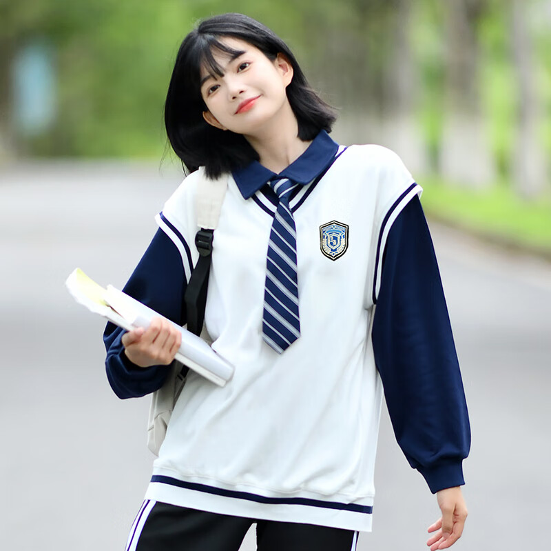 男学院风宽松假两件卫衣外套初中运动会校服定制 白色卫衣 领带 徽章