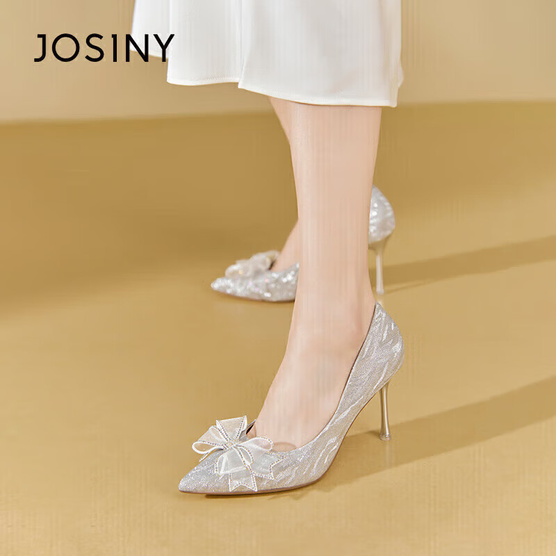 卓诗尼（Josiny）高跟鞋女时尚蝴蝶结套脚气质婚鞋尖头细跟百搭女士单鞋 银白色 37