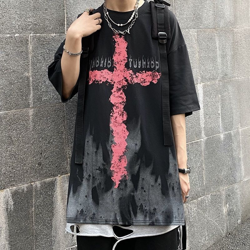 美博鸟(meiboniao)欧美潮牌t恤男短袖大十字架嘻哈风圆领半袖上衣服