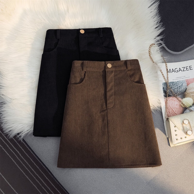 雷黛茜咖色灯芯绒a字半身裙秋冬新款高腰显瘦短裙女防走光包臀裙子 主图款 L