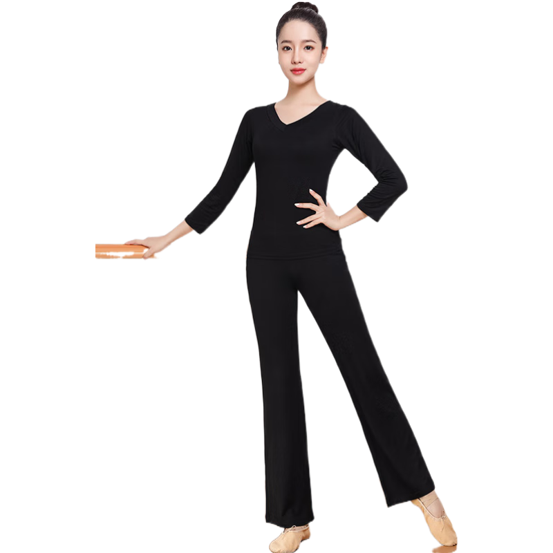 貝茲曼廣場(chǎng)舞服裝套裝瑜伽服女V領(lǐng)成人拉丁舞服裝形體服秋季新款莫代爾 黑色長(cháng)袖+黑色微喇褲 L (100-110斤)