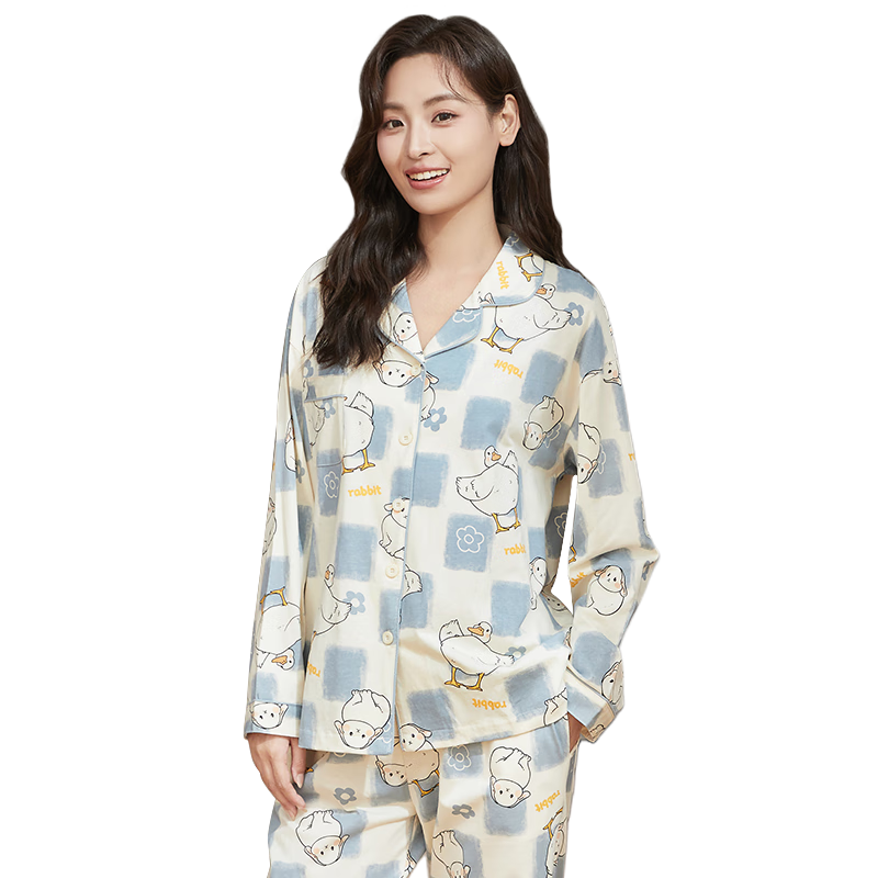猫人【100%纯棉】女士睡衣女春秋印花格子长袖睡衣套装家居服新品