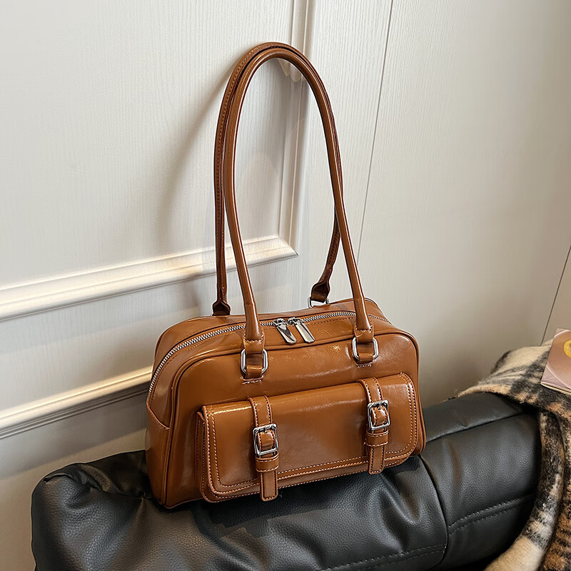 小&ck风复古红色包包女士秋冬季流行单肩腋下包通勤手提保龄球包 棕色