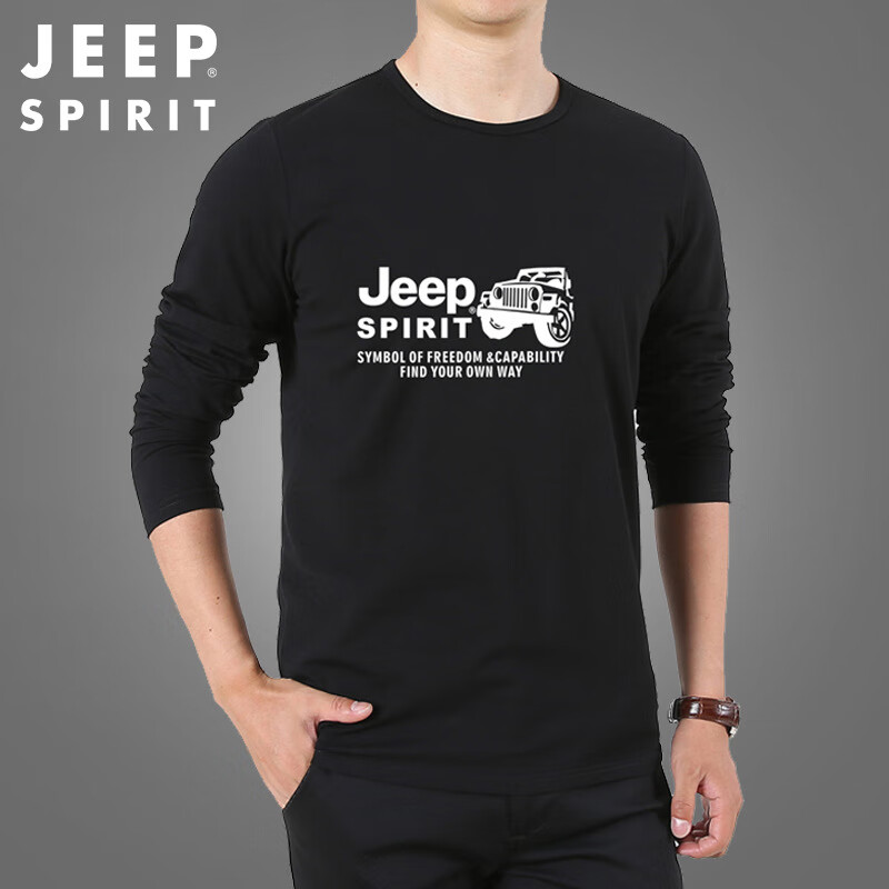 吉普(jeep)长袖t恤男2024春季新款休闲打底衫中年宽松大码圆领潮流t恤