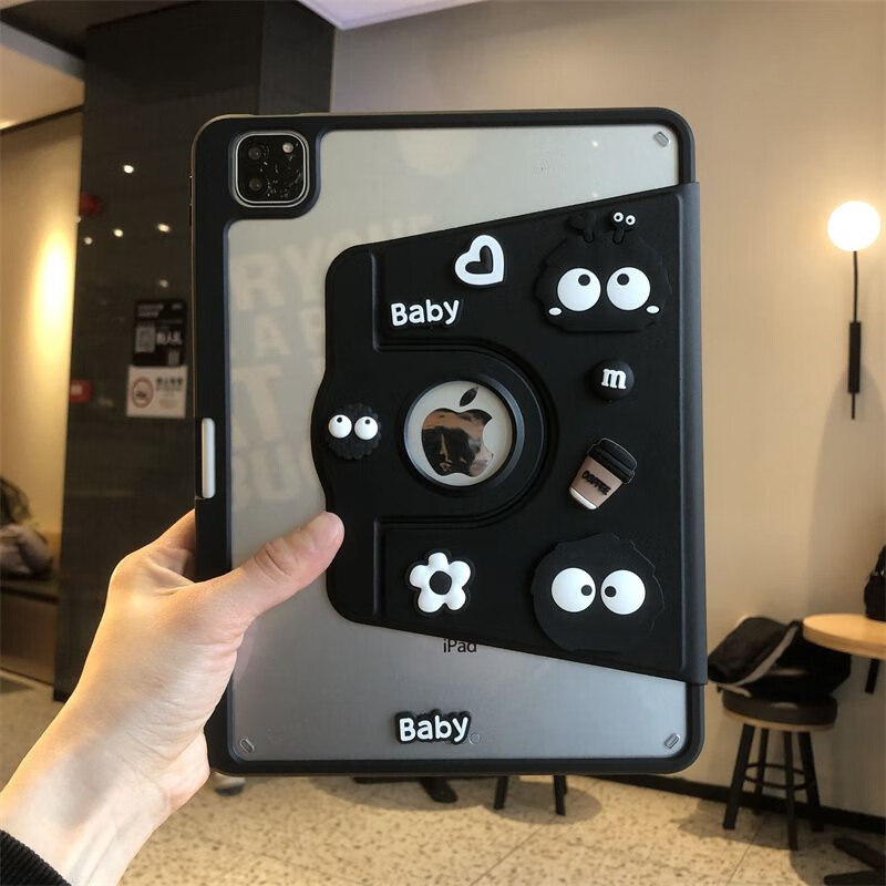 时都适用于小米平板6s pro保护壳磁吸休眠xiaomi pad7代6/5pro带笔槽11英寸电脑全包套防弯透明旋转 黑色+煤球贴纸+钢化膜】镂空亚克力旋转防弯壳 小米平板7/7pro 标准版11.2