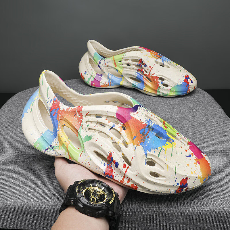 狐狸域椰子洞洞鞋夏季侃爷凉鞋男款外穿旅游鞋泼墨沙滩鞋厚底软底鞋