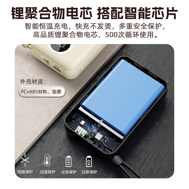 DUDAOK14+自带双线充电宝20000毫安时支持苹果15快充PD20W兼容华为小米安卓手机22.5W快充便携移动电源 白色