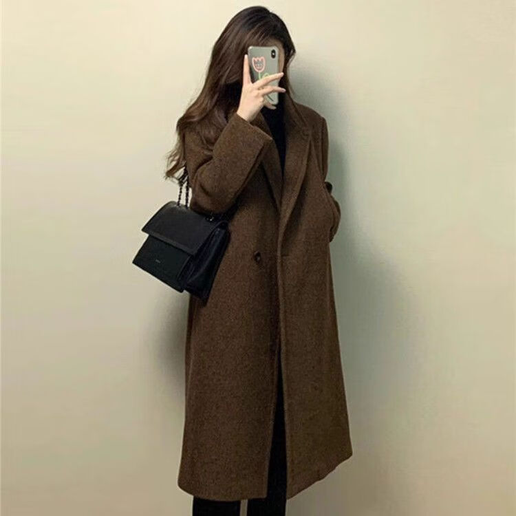 淑游韩版秋冬加厚过膝中长款呢子外套西装领咖色感女