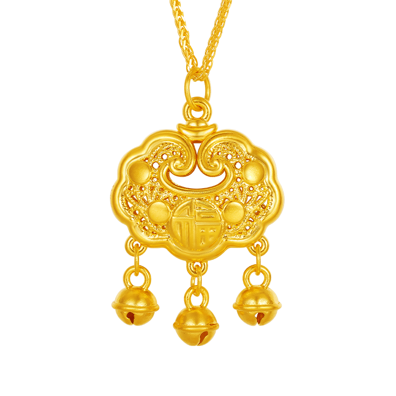 中國珠寶黃金項鏈吊墜女福氣如意鎖長(cháng)命鎖足金吊墜送女友老婆生日禮物 黃金鎖包約1.45克