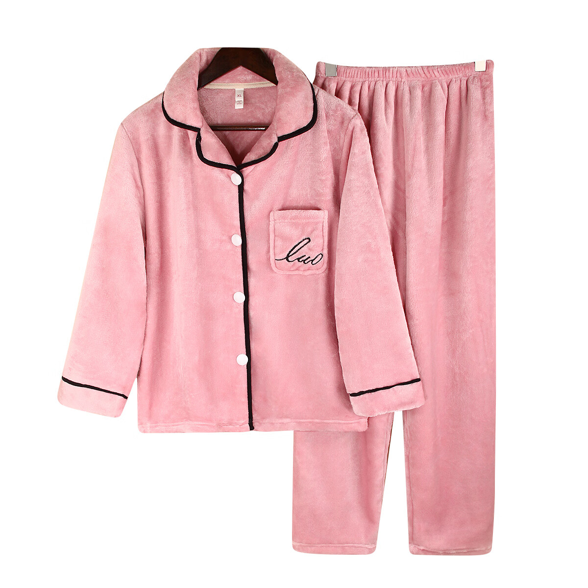 顶瓜瓜睡衣女法兰绒保暖家居服加厚珊瑚绒套装中青年冬季 粉色 女款 口袋字母 L