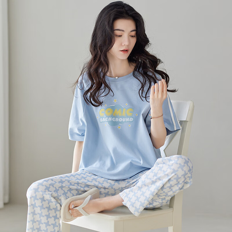 莫代尔睡衣女夏季100%纯棉短袖长裤2026新款夏天全棉女士家居服套装 N1358【主图-100%纯棉款】 L 【建议100-120斤】 现货现发