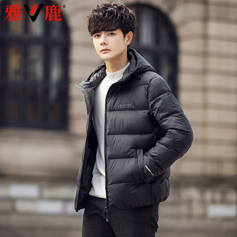 雅鹿羽绒服男新款短款连帽商务通勤面包服保暖锁温厚款秋冬休闲外套 黑色 2XL 推荐150-160斤