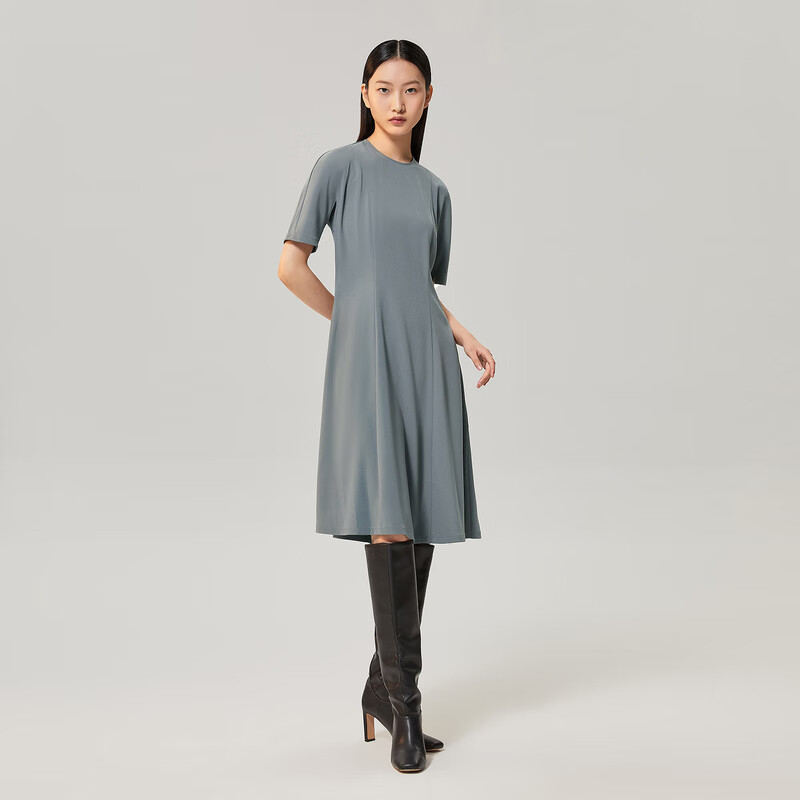 OVV【日本进口三醋酸】OVV秋冬热卖女装简约舒适圆领短袖连衣裙 中灰A1 M