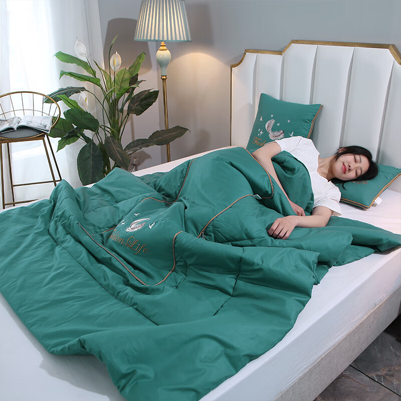 恒源祥 抱枕被 全棉绣花多功能抱枕被子盖毯亲肤透气可折叠薄被子毯子 全棉抱枕被-简约羽毛(绿色) 50*50展开150*195