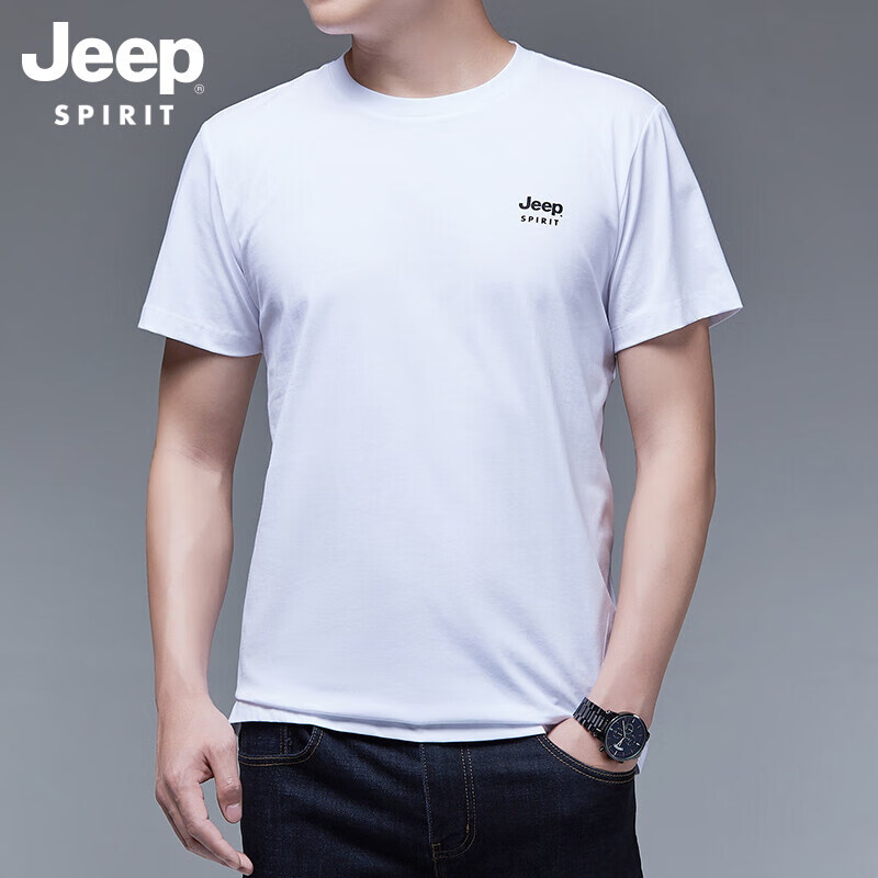 吉普（JEEP）短袖t恤男夏季薄款圆领大码男装运动休闲体恤纯色棉质半袖男 白色 M