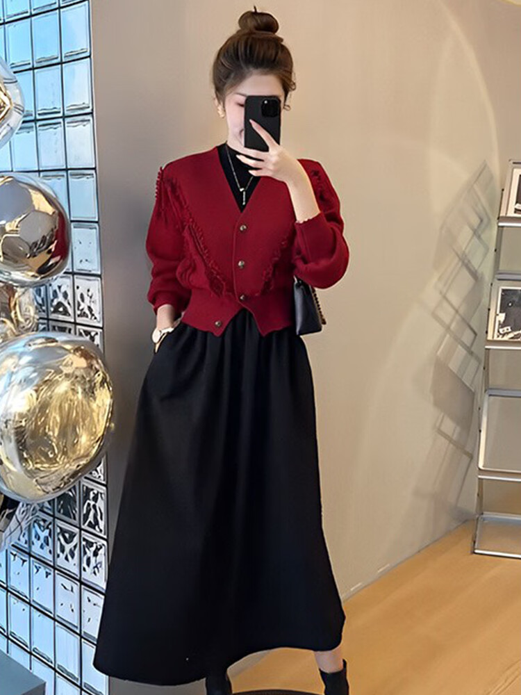 AEMAPE安可拉红连衣裙女2025春秋冬装一整套穿搭本命年红色上衣女装裙子 MX-A246_套装 L 建议100-120斤