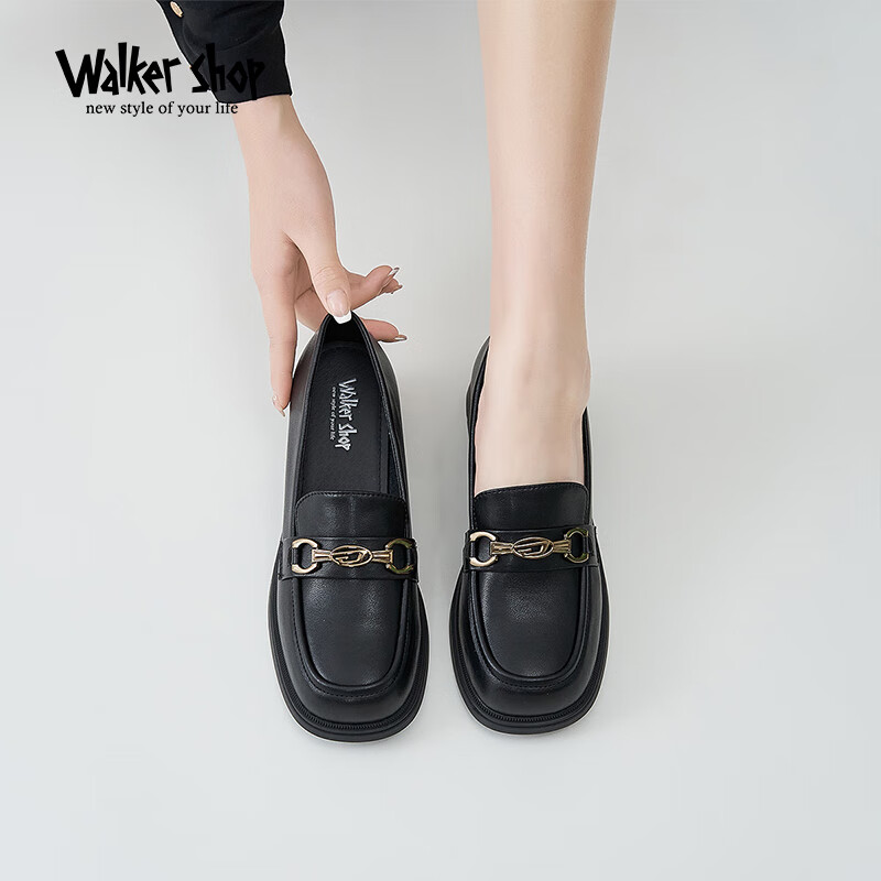 walker shop奥卡索女鞋2024春季乐福鞋女士中跟休闲鞋女d141044 黑色