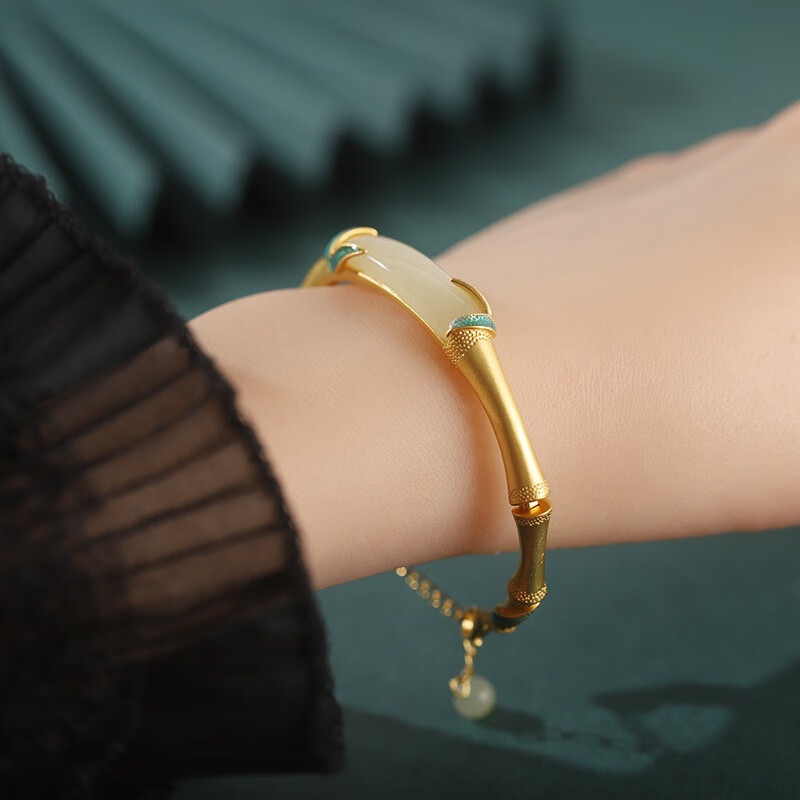 倾爱925银手镯女款和田玉竹节节节高升银手环中国风首饰送老婆 和田玉