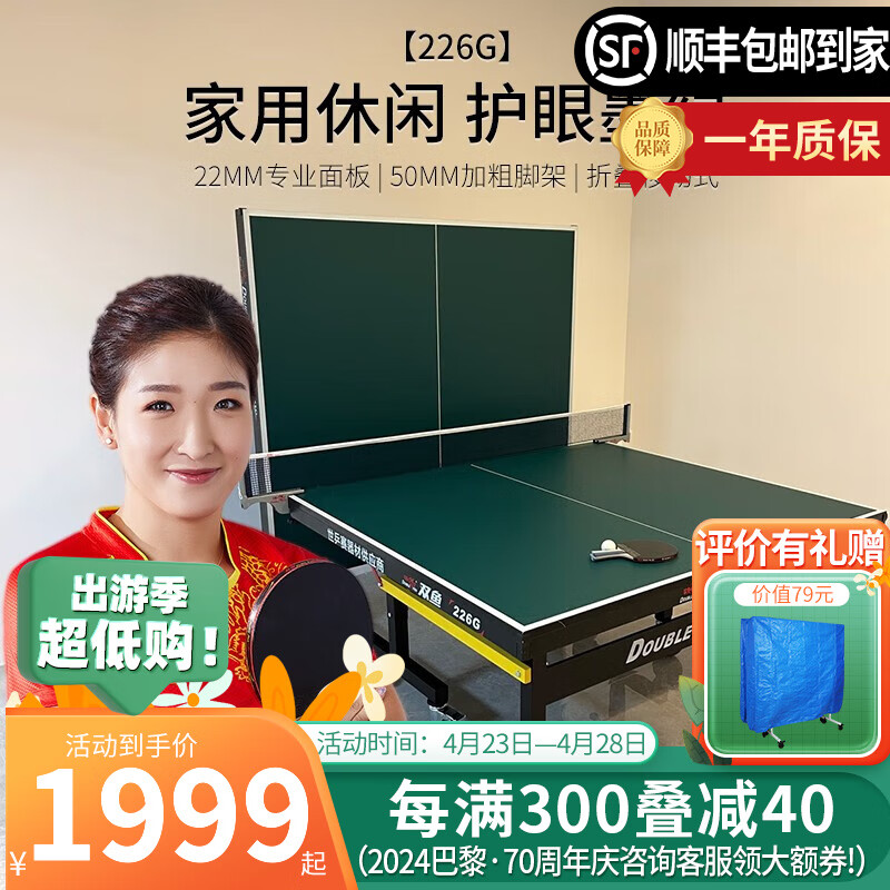 双鱼（DOUBLE FISH） 专业乒乓球桌标准比赛训练室内家用带滚轮可折叠式乒乓球台 226G【含球、网架、球拍】