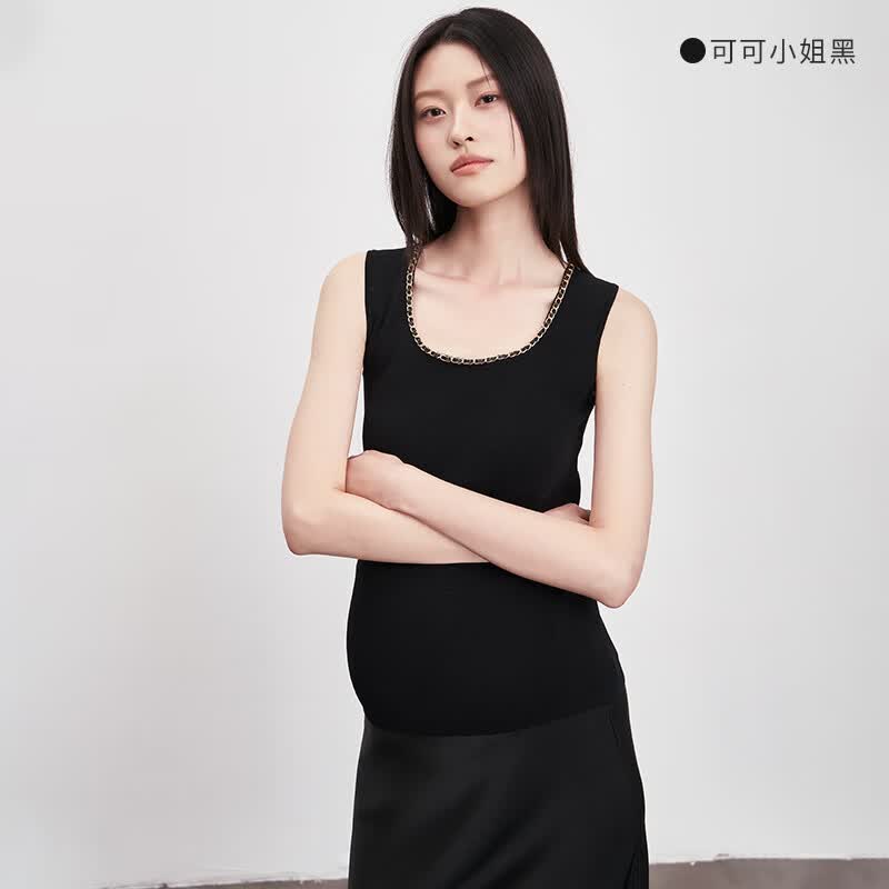 Sellynear孕妇装背心外穿时尚复古小香链条针织打底背心内搭吊带 可可小姐黑 S