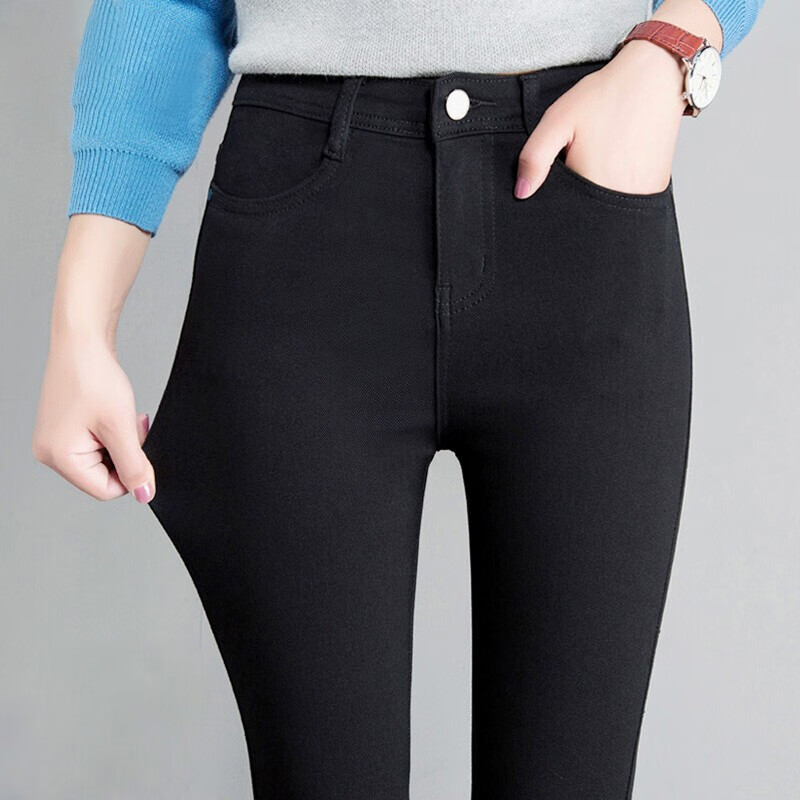 浪莎高腰打底裤女春秋外穿小脚裤黑色弹力显瘦紧身铅笔裤子女 黑色（春秋薄款） L （105-115斤）