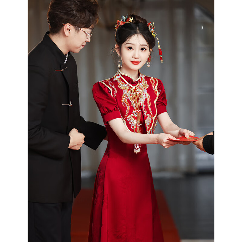 小憨鹿婚禮婚紗夏天旗袍敬酒服新娘2024新款感中式結服夏季秀禾服嫁衣中 JB222458酒紅色 M