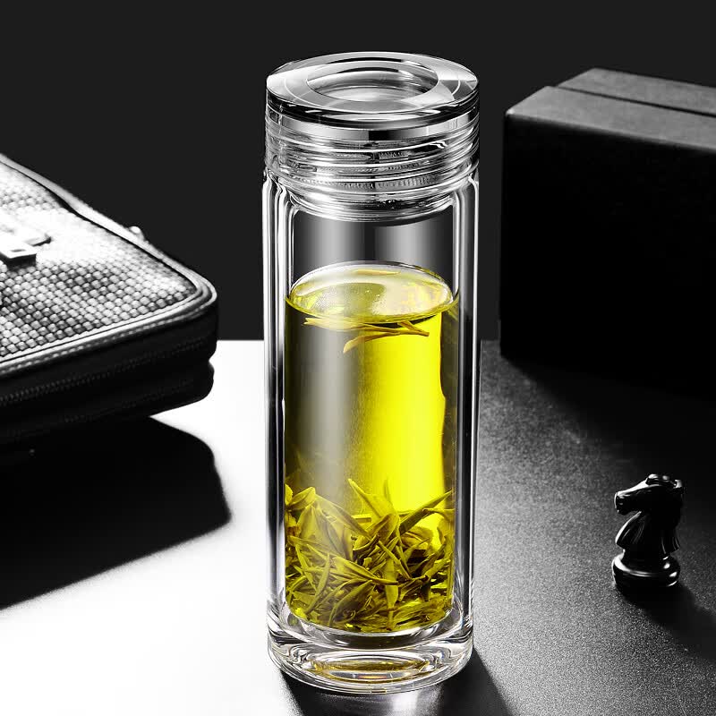 百莱斯玻璃杯双层水杯泡茶杯高档商务办公室茶水杯便携车载透明绿茶杯 【纯钛抑菌】修长纤细360ml