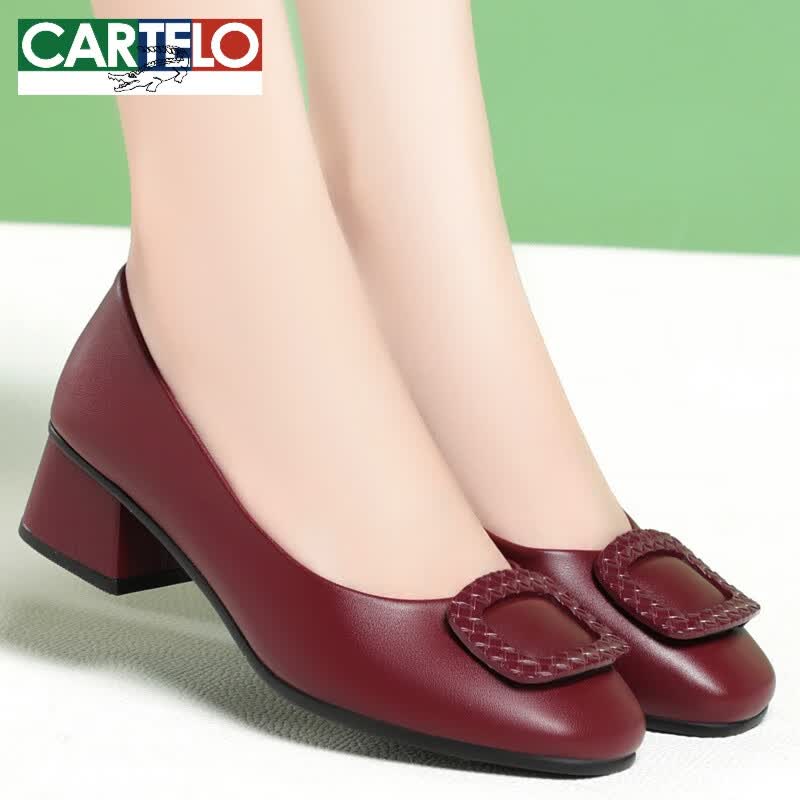 卡帝乐鳄鱼（CARTELO）单鞋真皮春秋瓢鞋软底皮鞋粗跟中年妈妈鞋一脚蹬红色女鞋子 L-7030  酒红  (跟高4cm) 39