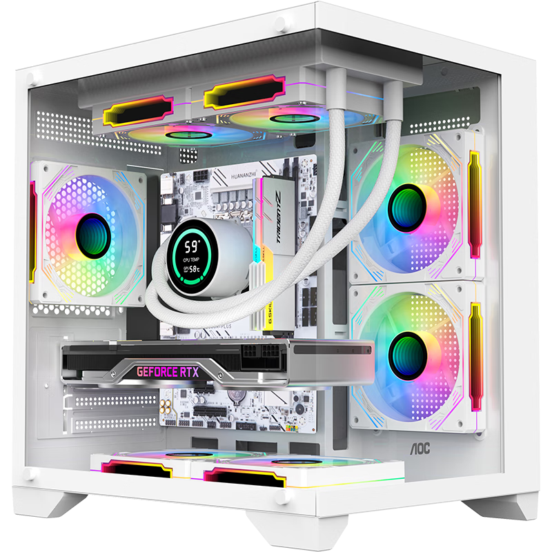 AOCCG391W白色 游戏电脑主机海景房机箱 双面玻璃/支持MATX主板/240水冷/7风扇位/270°全景/左右分仓